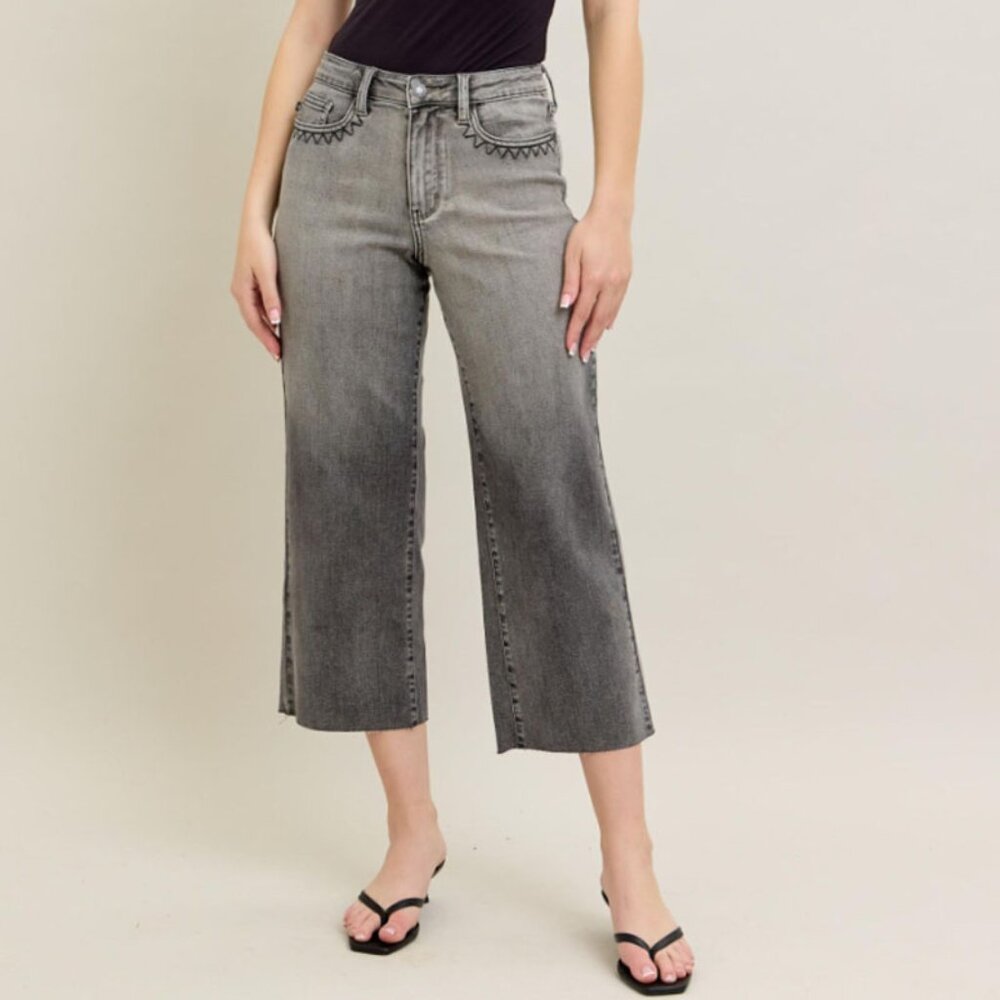Judy Blue Vintage Grey wash Front pocket Embroidery Crop Wide